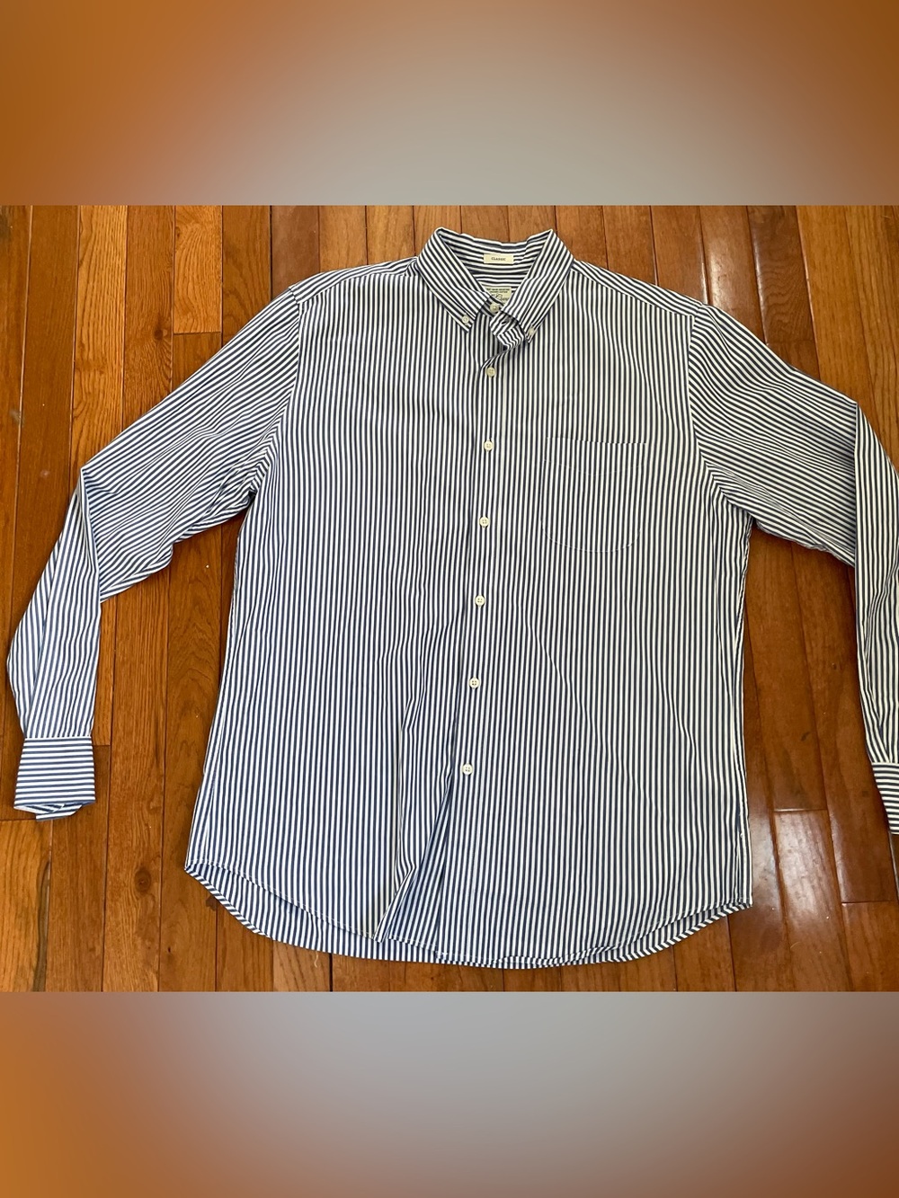 J.Crew Secret Wash Shirt Mens Large Blue White Stripe Organic Cotton Stretch
